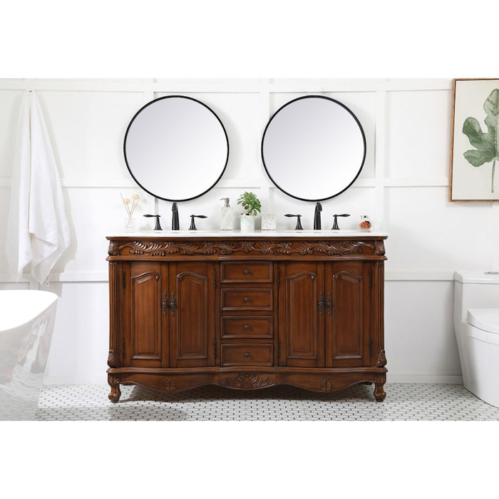 Elegant 1049 Windsor 60" Double Vanity, Teak/Ivory Marble