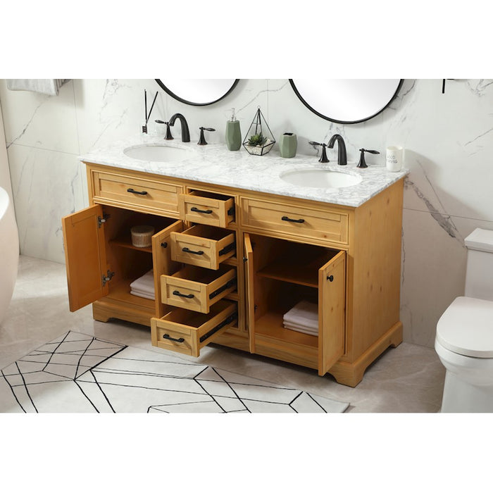 Elegant Americana 60" Double Bathroom Vanity, Natural Wood