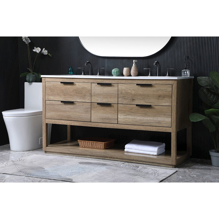 Elegant Lighting Larkin 60"L Double Vanity Sink, Natural Oak