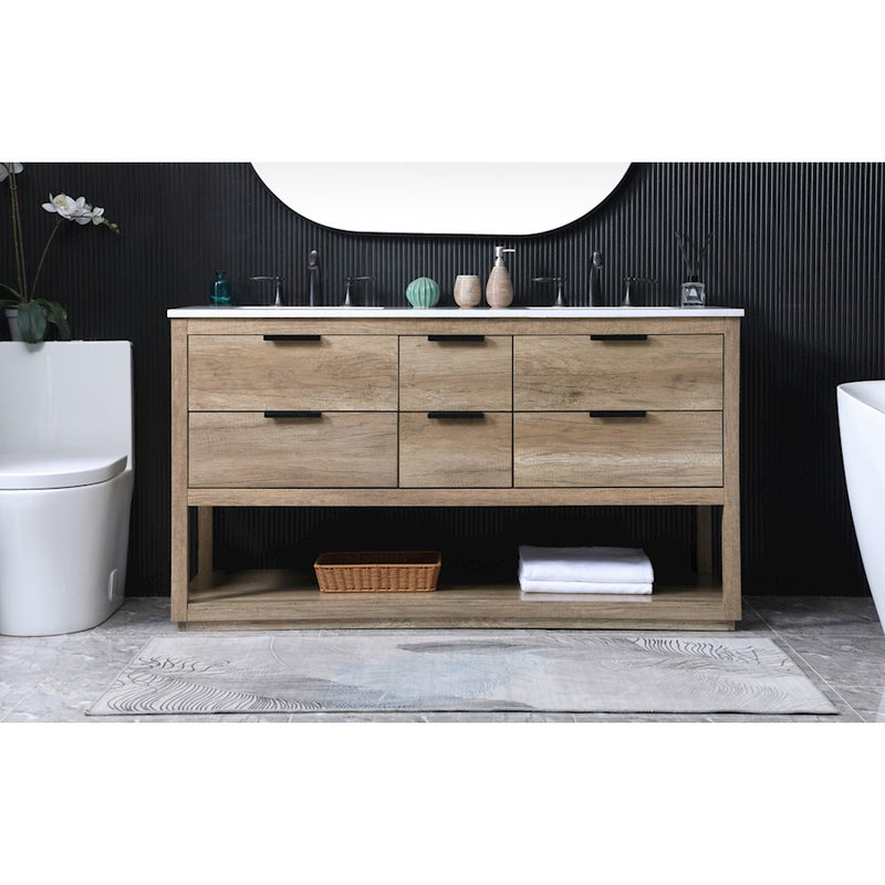 Elegant Lighting Larkin 60"L Double Vanity Sink, Natural Oak