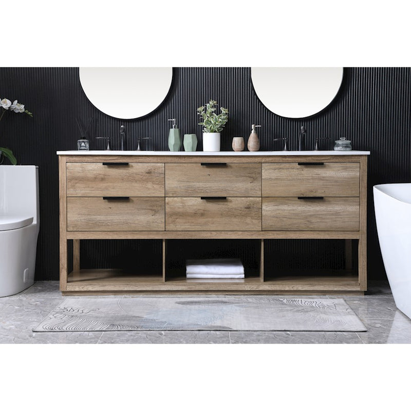Elegant Lighting Larkin 72"L Double Vanity Sink, Natural Oak