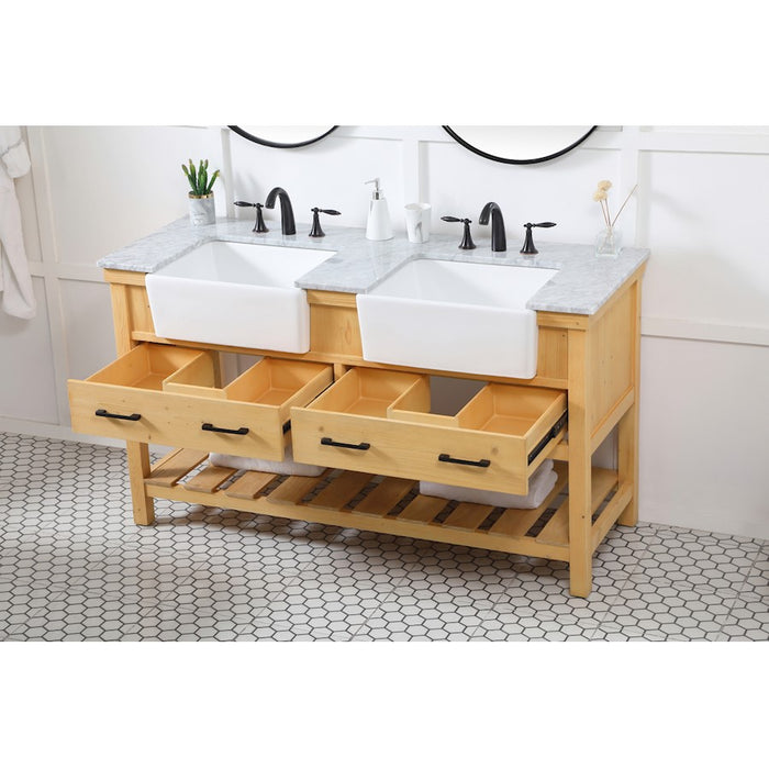 Elegant Clement 60" Double Bathroom Vanity, Natural Wood