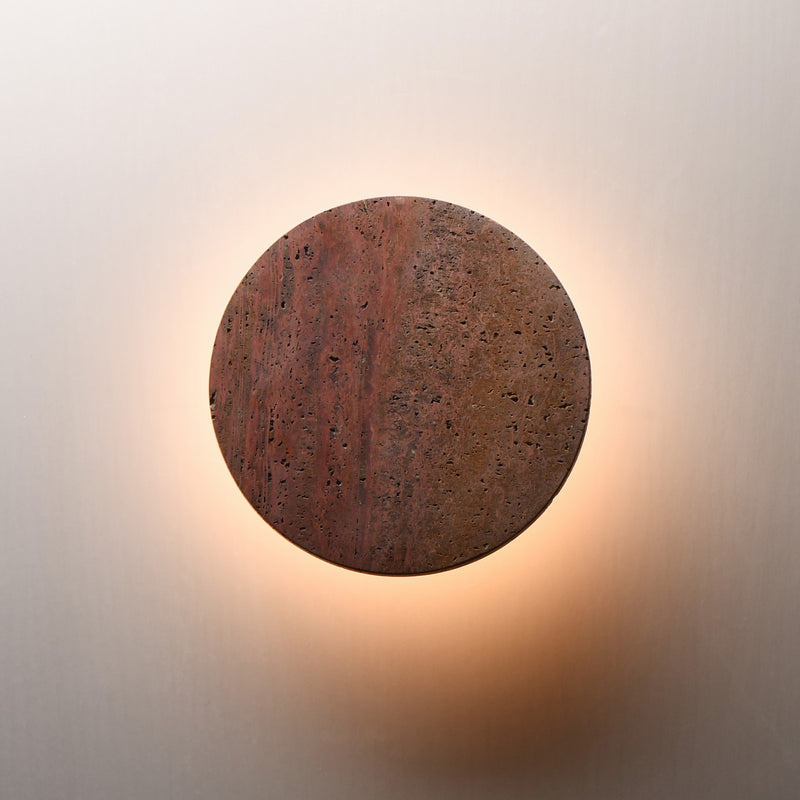 ET2 Discus 9in 1-Light LED Outdoor Wall Sconce | Modern Rosso Laterite and Gunmetal Stone | Entryway & Patio | 8.75 x 8.75 x 3 in | Model E14352-RLGM