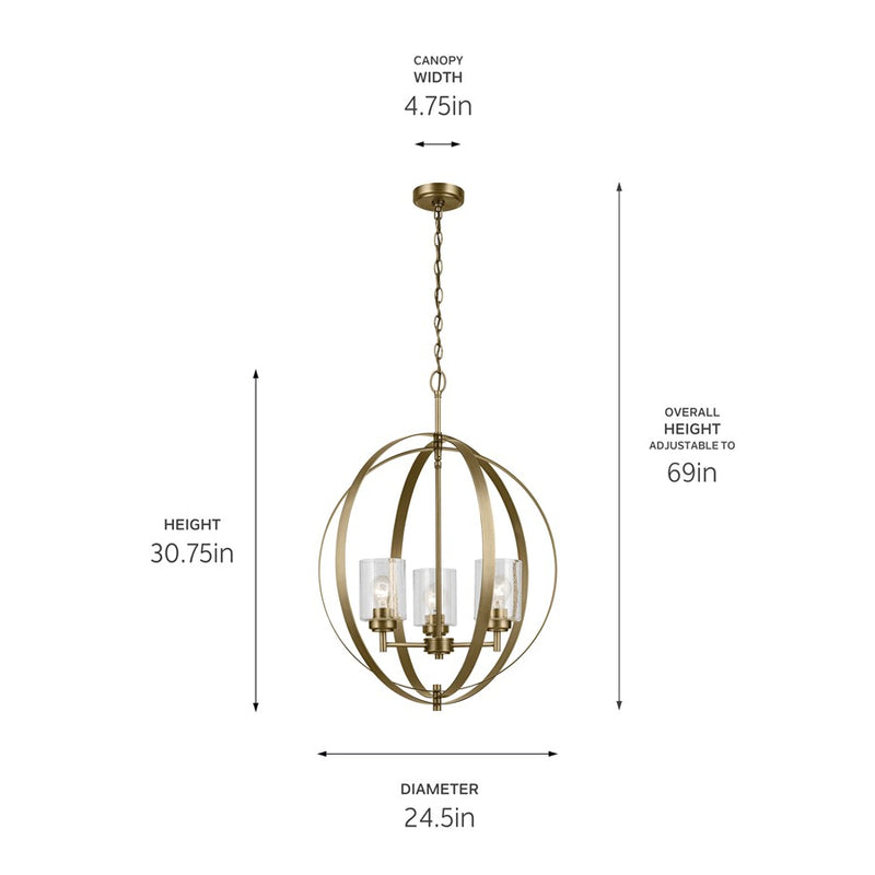 Kichler Winslow 3 Light Chandelier 1 Tier Medium, Brass/Clear Seeded