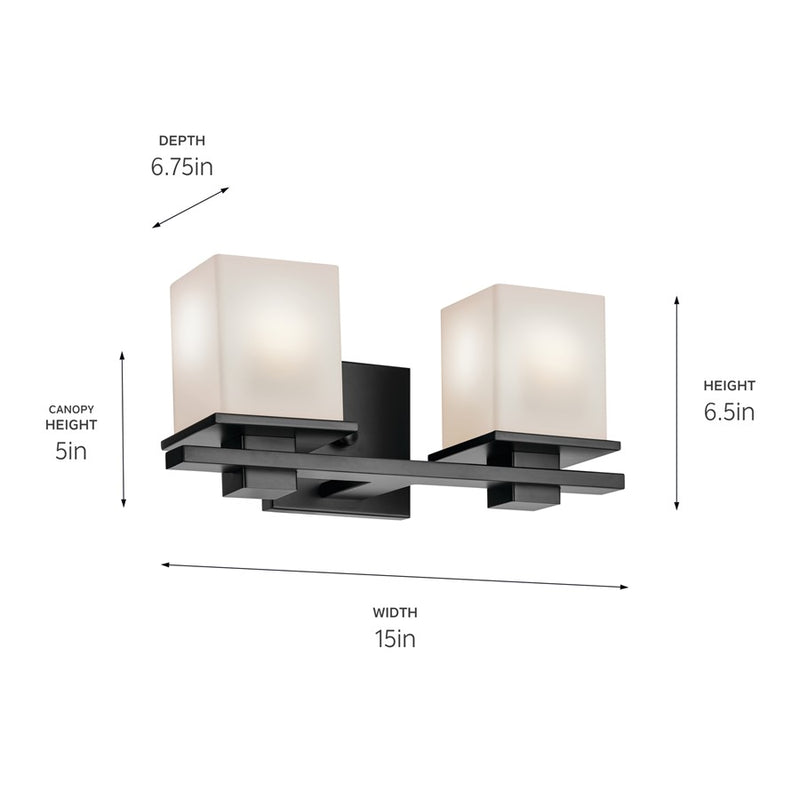 Kichler Tully 2 Light 15in Bath Vanity Light | Modern Black Steel & Opal Glass | Bathroom Sink & Mirror Area Light | 120V, Dimmable, 2 A19 | Model 45150BK