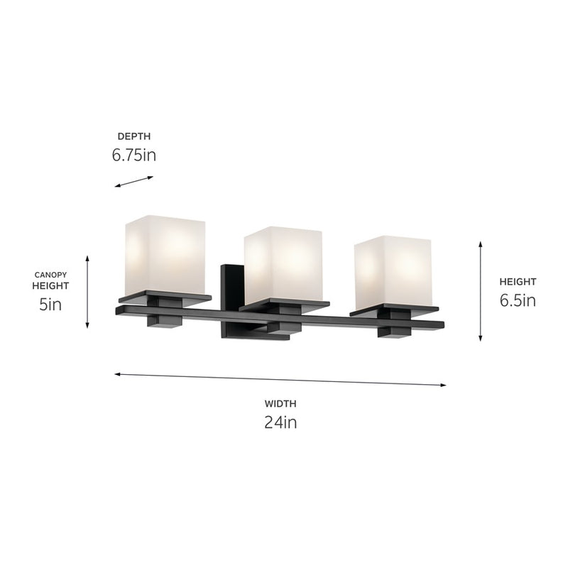 Kichler Tully 24in 3-Light Vanity Light | Modern Black Steel & Satin Etched Opal Glass | Bathroom Vanity & Powder Room Illumination | Model 45151BK