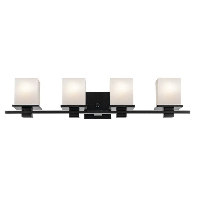 Kichler Tully 32in 4-Light Bathroom Vanity Light | Modern Black Steel & Satin Etched Opal Glass | Master Bath & Powder Room Vanity | Model 45152BK