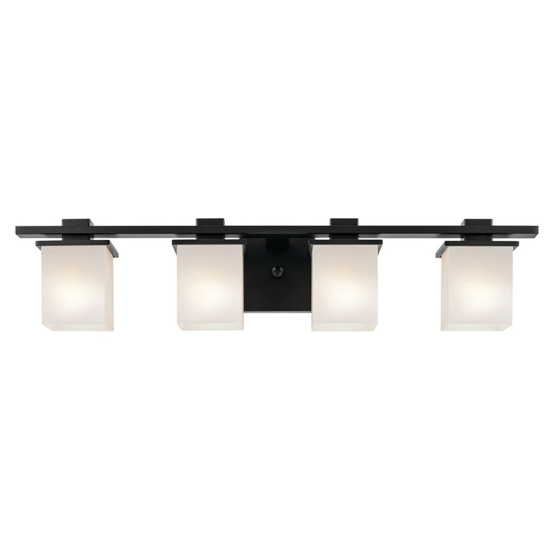 Kichler Tully 32in 4-Light Bathroom Vanity Light | Modern Black Steel & Satin Etched Opal Glass | Master Bath & Powder Room Vanity | Model 45152BK