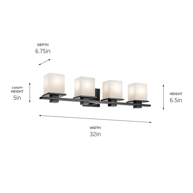 Kichler Tully 32in 4-Light Bathroom Vanity Light | Modern Black Steel & Satin Etched Opal Glass | Master Bath & Powder Room Vanity | Model 45152BK