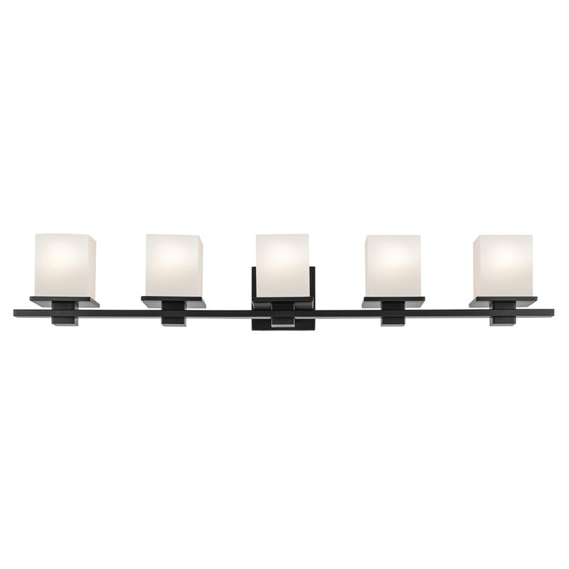 Kichler Tully 40in 5-Light Bath Vanity Light | Modern Black & Satin Etched Opal Glass | Bathroom Vanity Lighting | 5 A19 Bulbs, Dimmable | Model 45193BK
