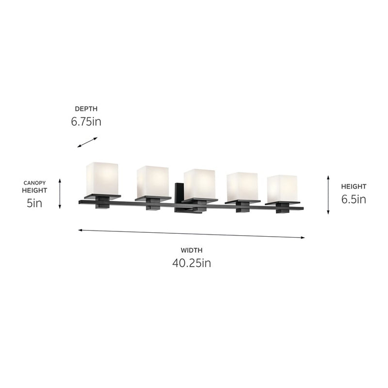 Kichler Tully 40in 5-Light Bath Vanity Light | Modern Black & Satin Etched Opal Glass | Bathroom Vanity Lighting | 5 A19 Bulbs, Dimmable | Model 45193BK