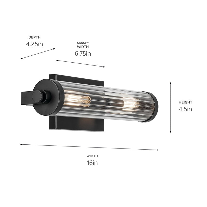 Kichler Azores 2 Light Wall Mt Bath 2 Arm, Black/Clear Fluted