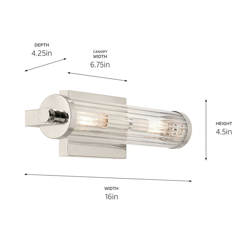 Kichler Azores 2 Light Wall Mt Bath 2 Arm, Nickel/Clear Fluted
