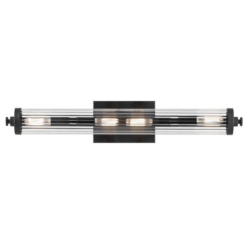 Kichler Azores 4 Light 24in Linear Bath Vanity | Industrial Black Steel & Clear Fluted Glass | Bathroom & Powder Room Vanity Light | Model 45649BK