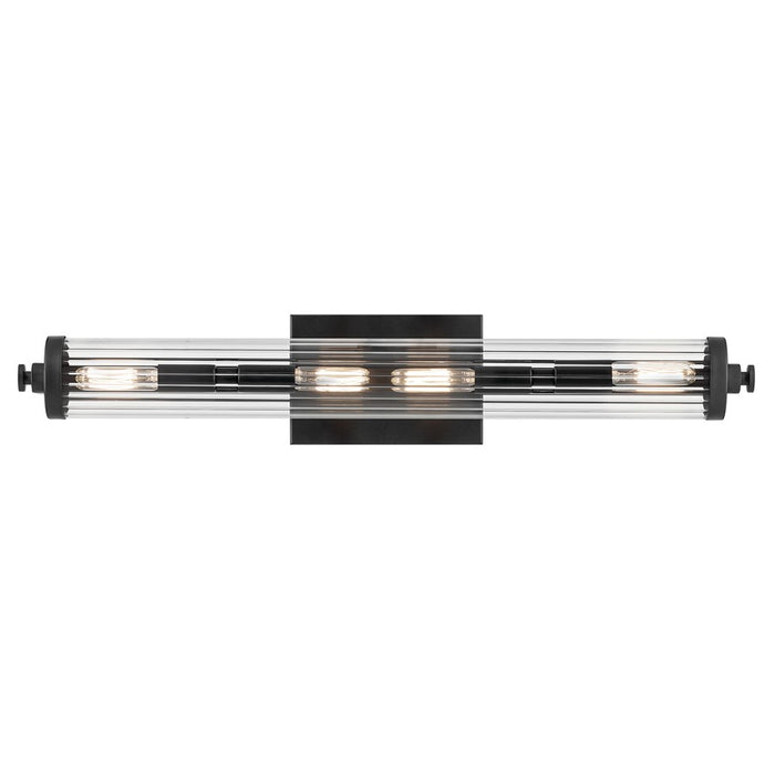 Kichler Azores 4 Light 24in Linear Bath Vanity | Industrial Black Steel & Clear Fluted Glass | Bathroom & Powder Room Vanity Light | Model 45649BK