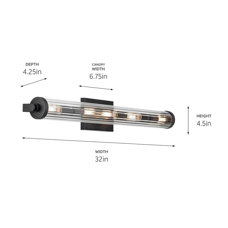 Kichler Azores 32in 5-Light Linear Vanity Light | Industrial Black Steel & Clear Fluted Glass | Bathroom & Powder Room Lighting | E12 Bulbs | Model 45650BK