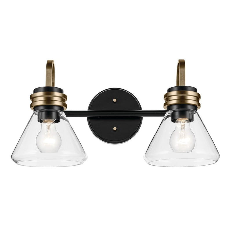 Kichler Farum 19in Wide 2-Light Vanity Light | Modern Black with Champagne Bronze & Clear Glass | Bathroom & Powder Room Vanity Fixture | Model 55154BKCLR