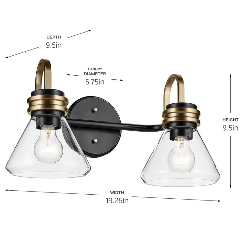 Kichler Farum 19in Wide 2-Light Vanity Light | Modern Black with Champagne Bronze & Clear Glass | Bathroom & Powder Room Vanity Fixture | Model 55154BKCLR