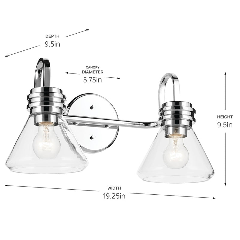 Kichler Farum 2-Light 19in Vanity Light | Modern Chrome Steel & Clear Glass | Bathroom Vanity & Above-Mirror Light | 120V | Model 55154CHCLR