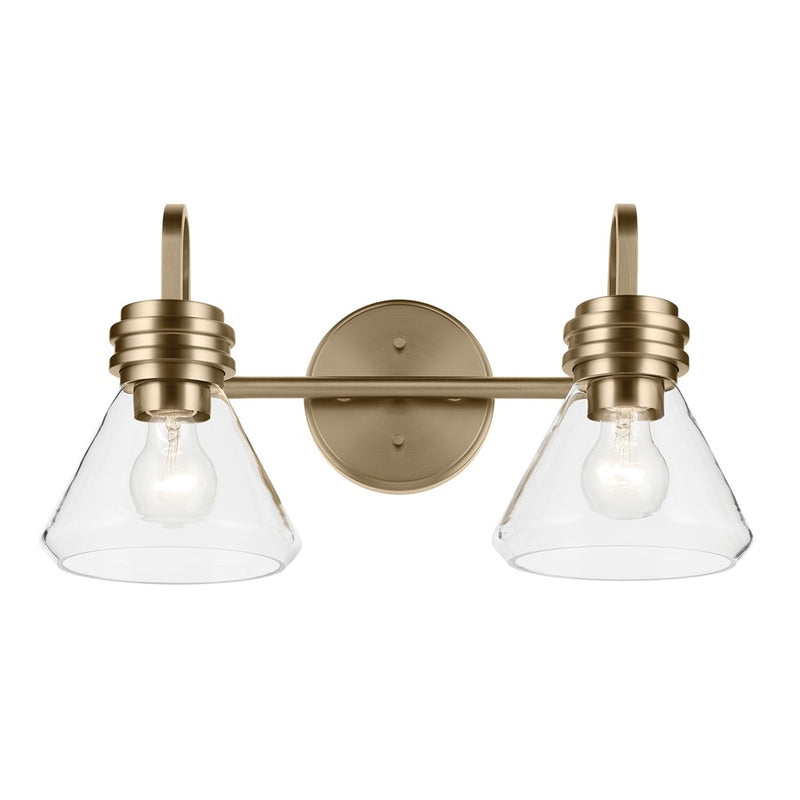 Kichler Farum 19.25in Wide 2-Light Vanity Light | Modern Cone Champagne Bronze & Clear Glass | Bathroom Vanity & Powder Room Lighting | Model 55154CPZCLR