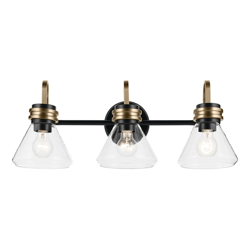 Kichler Farum 26in 3-Light Bath Vanity | Modern Black Steel with Champagne Bronze & Clear Glass | Bathroom Vanity & Makeup Lighting | Model 55155BKCLR