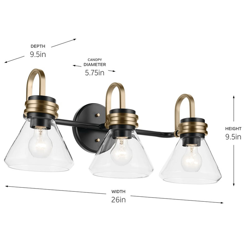 Kichler Farum 26in 3-Light Bath Vanity | Modern Black Steel with Champagne Bronze & Clear Glass | Bathroom Vanity & Makeup Lighting | Model 55155BKCLR