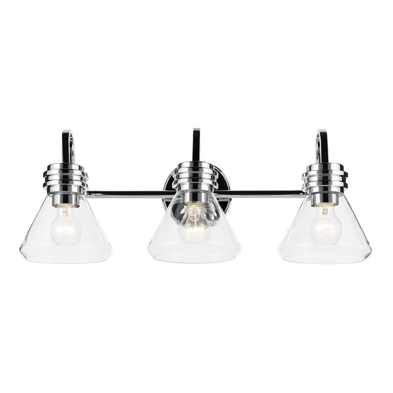 Kichler Farum 26in Wide 3-Light Vanity Light | Modern Chrome & Clear Glass | Bathroom & Powder Room Bath Vanity Light | 120V AC, 3 Bulbs | Model 55155CHCLR