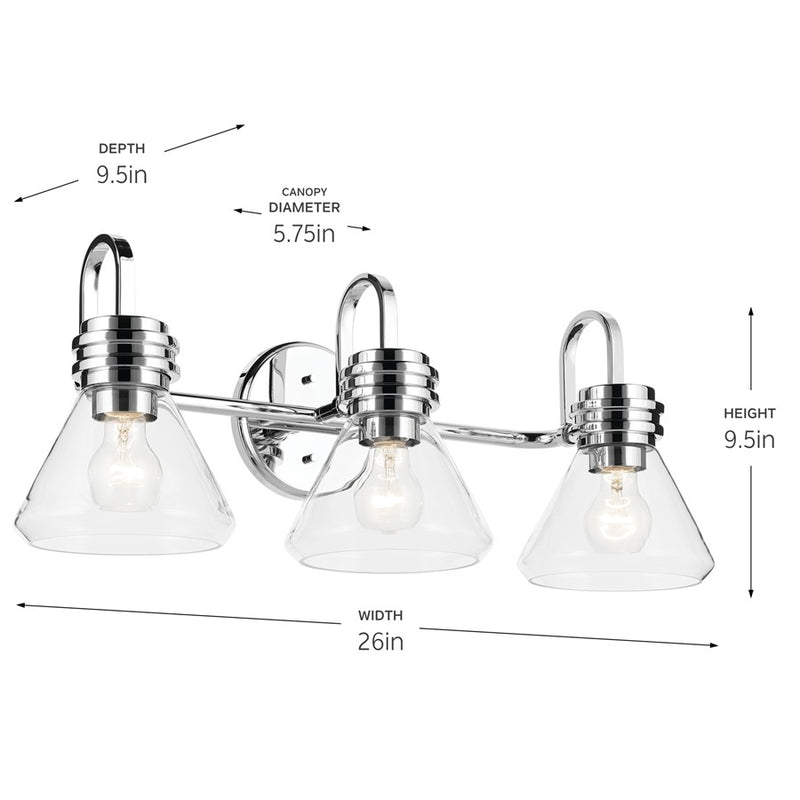 Kichler Farum 26in Wide 3-Light Vanity Light | Modern Chrome & Clear Glass | Bathroom & Powder Room Bath Vanity Light | 120V AC, 3 Bulbs | Model 55155CHCLR