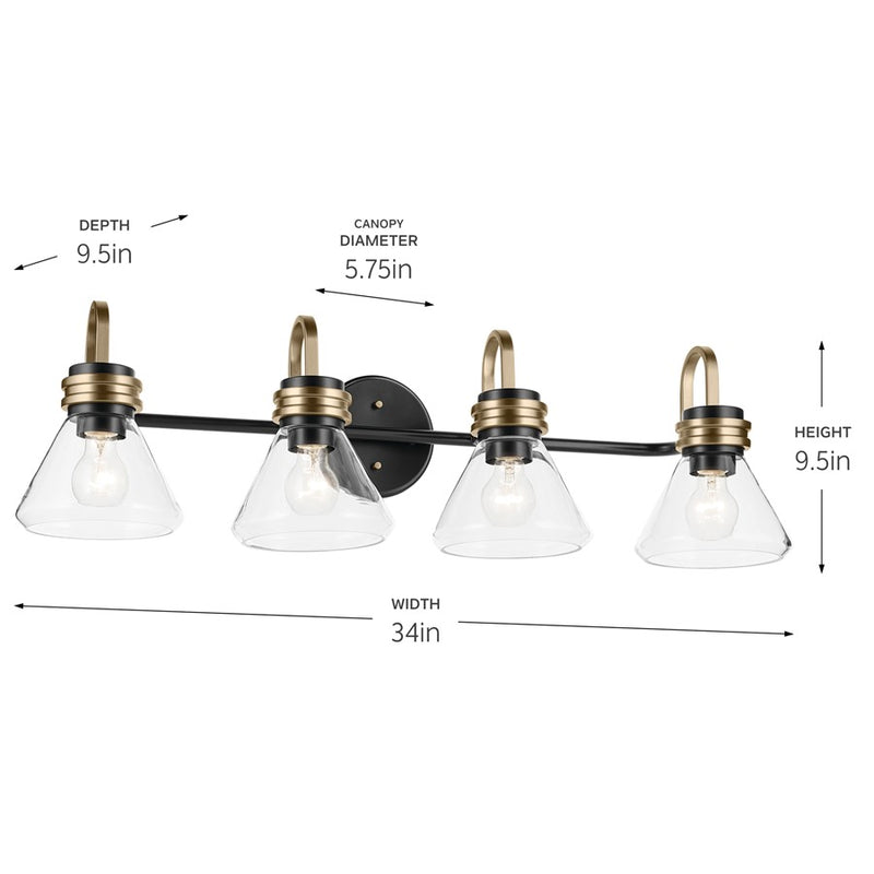 Kichler Farum 34in Wide 4-Light Vanity | Modern Black with Champagne Bronze & Clear Glass | Bathroom Vanity Lighting | 400W Incandescent | Model 55156BKCLR