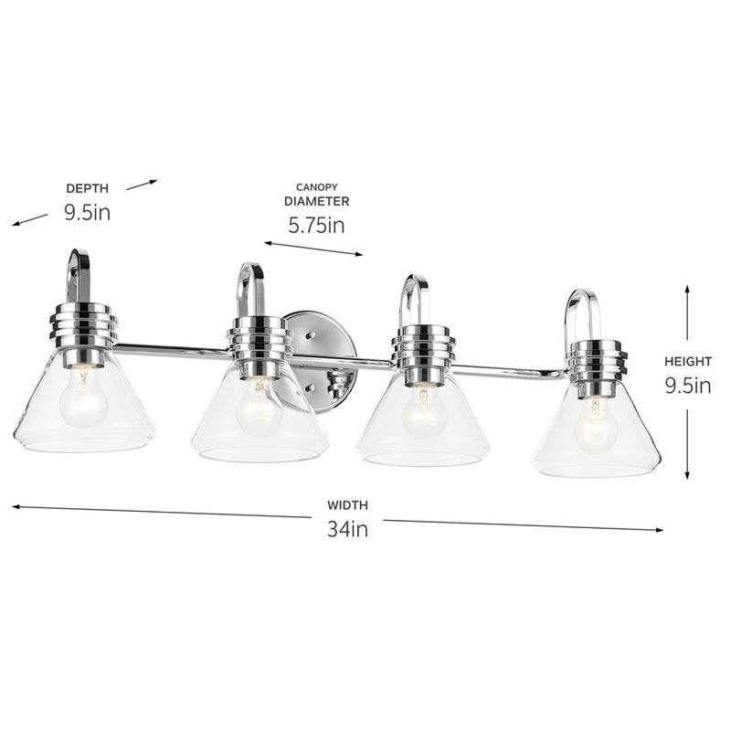 Kichler Farum 34in Wide Bathroom Vanity Light | Modern Chrome & Clear Glass | Bathroom Over Vanity & Grooming Area | 4 Bulbs 60W Max E26 | Model 55156CHCLR
