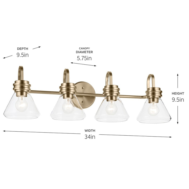 Kichler Farum 34in 4-Light Bathroom Vanity Light | Modern Champagne Bronze Steel & Clear Glass| Primary Bath & Powder Room | Model 55156CPZCLR