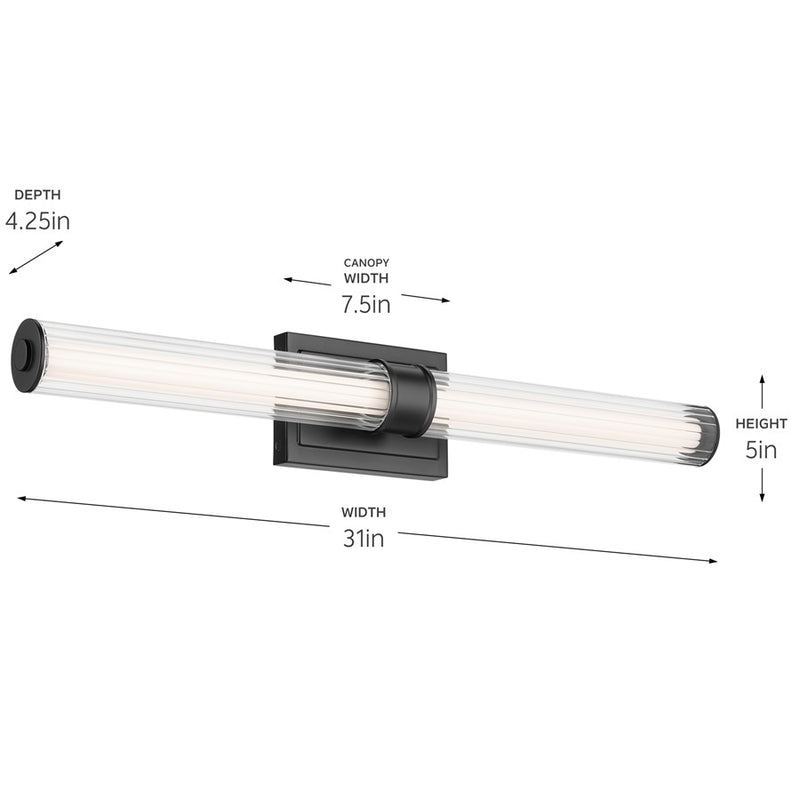 Kichler Laurene 2 Light Linear Bath Large, Black/Clear Fluted