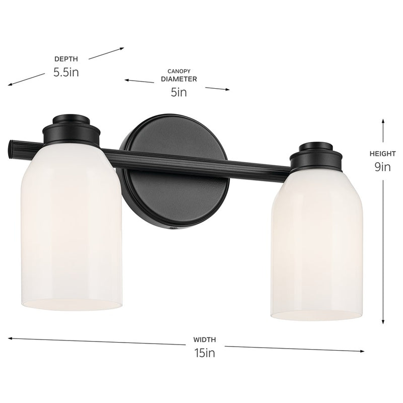 Kichler Shae 2-Light 15in Wide Bath Vanity Light | Modern Coastal Black & Cased Opal Glass | Bathroom & Powder Room Vanity | Dimmable, 120V | Model 55201BK