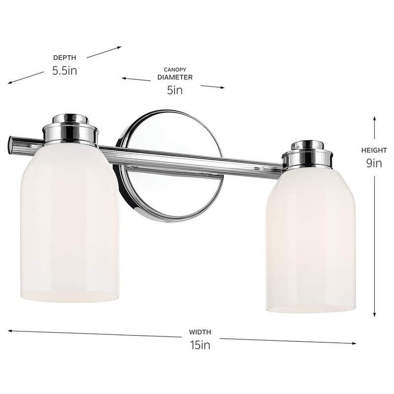 Kichler Shae 15in 2-Light Bath Vanity | Modern Chrome & Cased Opal Glass | Bathroom Vanity & Mirror Side Light | 120V, E26 Socket, Dimmable | Model 55201CH