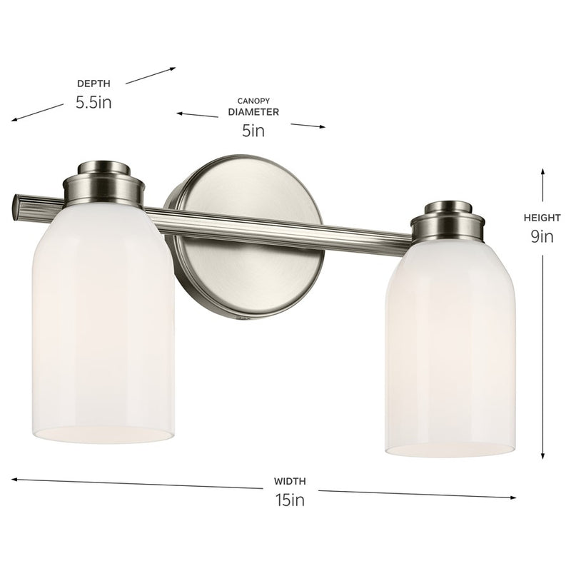 Kichler Shae 2-Light 15in Vanity Light | Brushed Nickel Steel & Cased Opal Glass | Bathroom Vanity Lighting | 2 Bulbs, 120V Dimmable | Model 55201NI