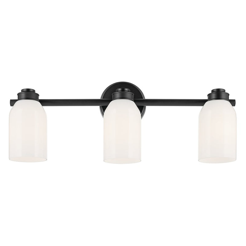 Kichler Shae 24in Wide 3-Light Vanity Light | Modern Black Steel & Cased Opal Glass | Bathroom Vanity & Powder Room | 9in H, 120V, Dimmable | Model 55202BK