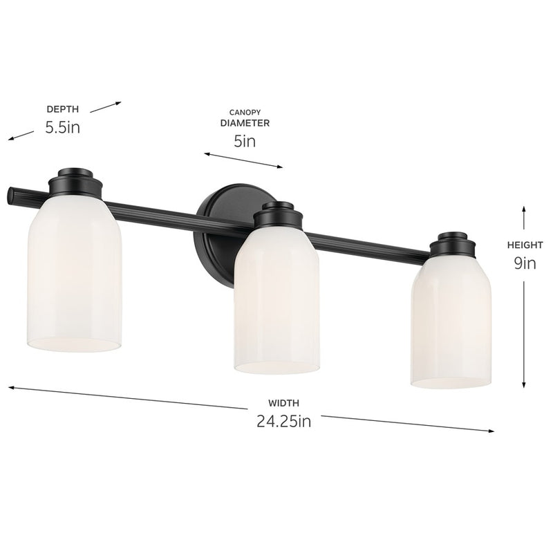 Kichler Shae 24in Wide 3-Light Vanity Light | Modern Black Steel & Cased Opal Glass | Bathroom Vanity & Powder Room | 9in H, 120V, Dimmable | Model 55202BK
