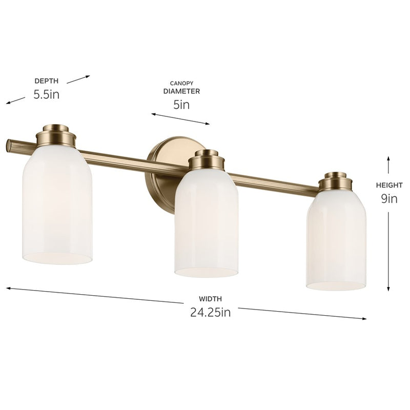 Kichler Shae 3-Light 24.25in Bathroom Vanity Light | Modern Coastal Champagne Bronze and Opal Glass | Master Bath & Double Vanity | 55202CPZ