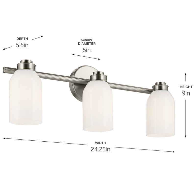 Kichler Shae 24in 3-Light Bathroom Vanity Light | Soft Modern Brushed Nickel & Cased Opal Glass | Bathroom & Powder Room Vanity | 24W LED | Model 55202NI