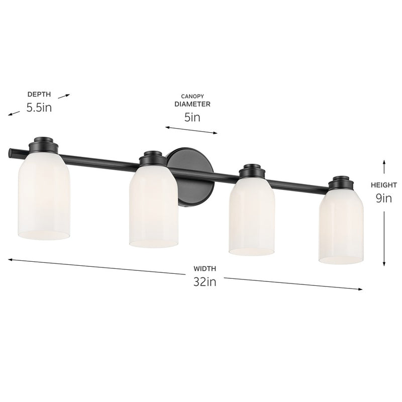 Kichler Shae 32in 4-Light Vanity Light | Modern Black Steel with Cased Opal Glass | Bathroom & Powder Room Vanity | 120V Dimmable, A Bulbs | Model 55203BK