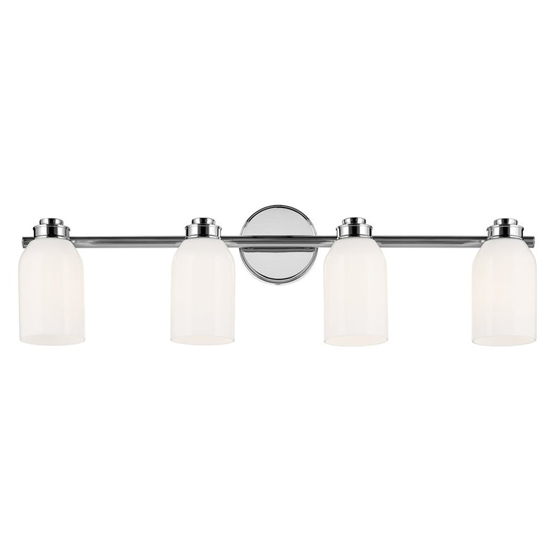 Kichler Shae 31in Wide 4-Light Vanity Light | Modern Chrome & Cased Opal Glass | Bathroom Vanity Lighting | 4 Bulbs Dimmable Damp Rated | Model 55203CH