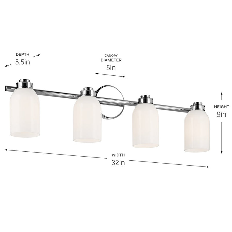 Kichler Shae 31in Wide 4-Light Vanity Light | Modern Chrome & Cased Opal Glass | Bathroom Vanity Lighting | 4 Bulbs Dimmable Damp Rated | Model 55203CH
