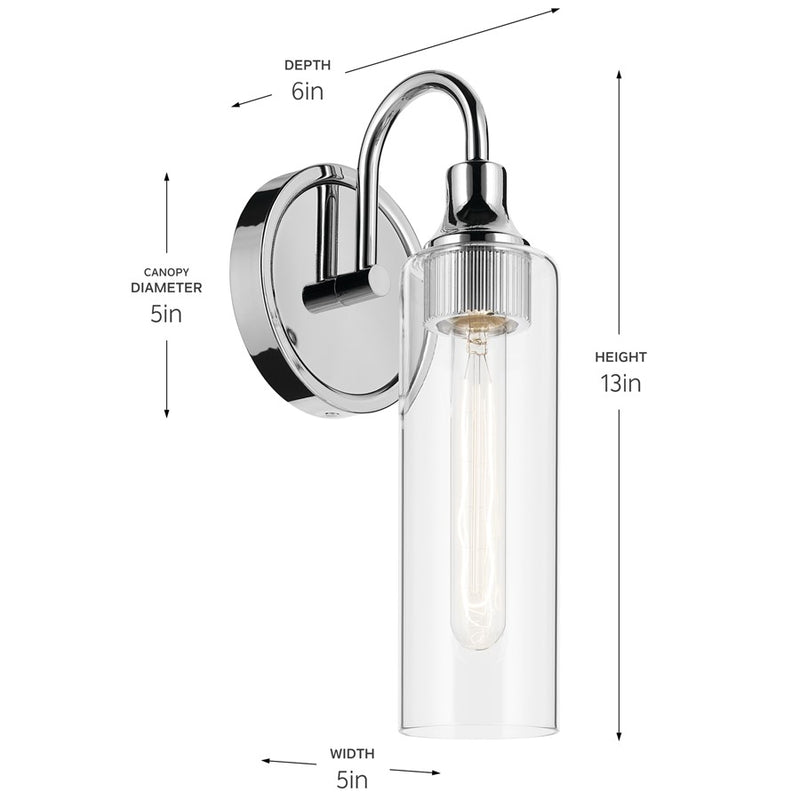 Kichler Kavi 1 Light 13" Wall Sconce, Chrome/Clear