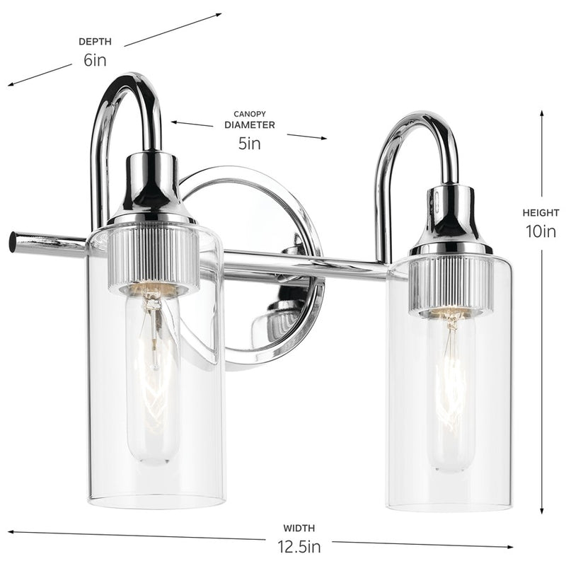 Kichler Kavi 2 Light 12.5in Vanity | Modern Chrome & Clear Glass | Bathroom & Powder Room Light | 2 x T10 Bulbs, Dimmable, Damp Rated | Model 55210CH