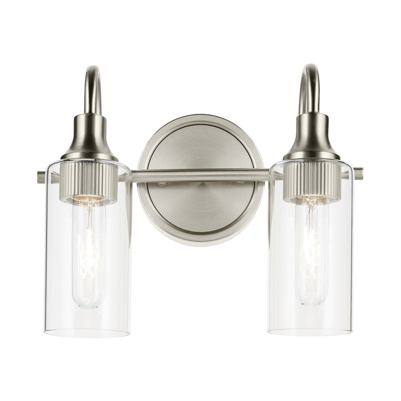 Kichler Kavi 2 Light 12.5in Vanity Light | Modern Brushed Nickel & Clear Glass | Bathroom Vanity &amp; Powder Room | 2-T10 Bulbs, Dimmable | Model 55210NI