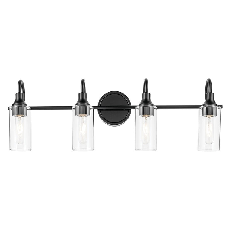 Kichler Kavi 32in Wide 4-Light Bath Vanity | Modern Black Steel & Clear Glass | Bathroom & Powder Room Lighting | 4 Bulbs 120V, Dimmable | Model 55212BK