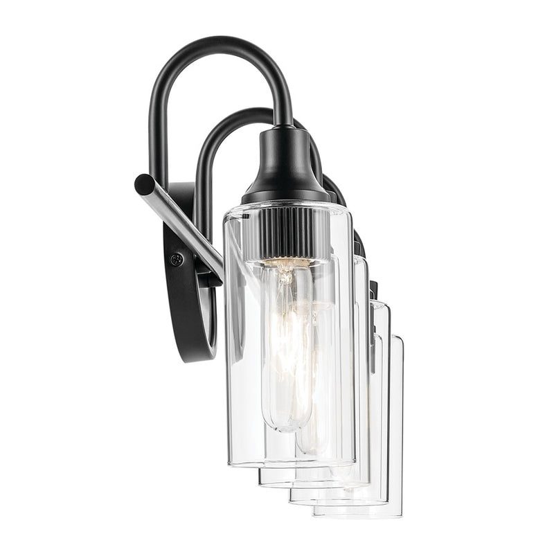 Kichler Kavi 32in Wide 4-Light Bath Vanity | Modern Black Steel & Clear Glass | Bathroom & Powder Room Lighting | 4 Bulbs 120V, Dimmable | Model 55212BK