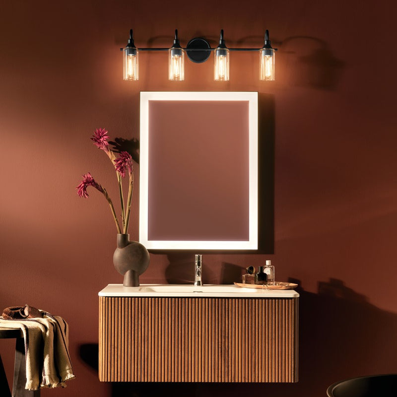 Kichler Kavi 32in Wide 4-Light Bath Vanity | Modern Black Steel & Clear Glass | Bathroom & Powder Room Lighting | 4 Bulbs 120V, Dimmable | Model 55212BK