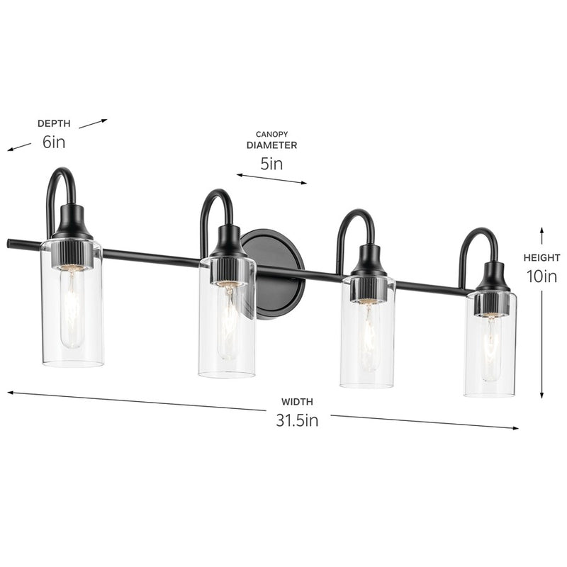 Kichler Kavi 32in Wide 4-Light Bath Vanity | Modern Black Steel & Clear Glass | Bathroom & Powder Room Lighting | 4 Bulbs 120V, Dimmable | Model 55212BK