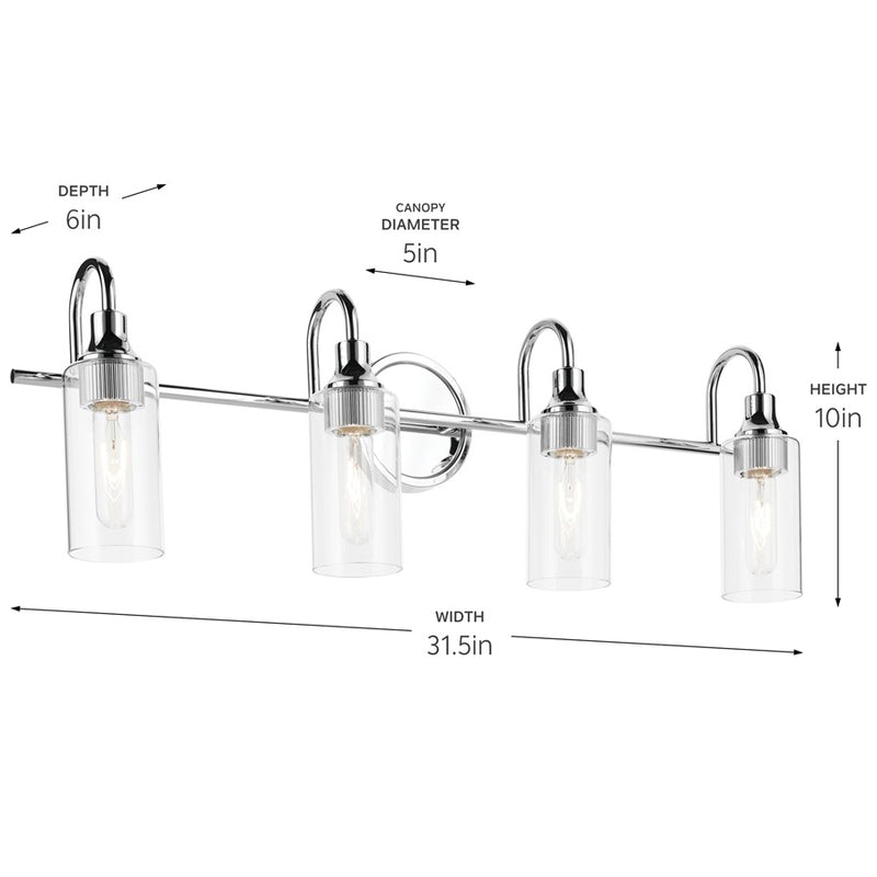 Kichler Kavi 31.5in Wide 4-Light Bathroom Vanity Light | Modern Chrome & Clear Glass | Vanity & Bathroom Fixture | 4 Bulbs 120V Dimmable | Model 55212CH